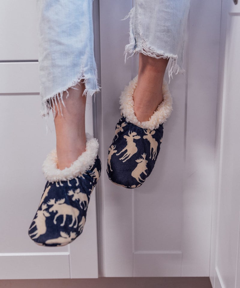 Lazy One Fuzzy Feet Slippers for Women, Cute Fleece-Lined House Slippers, Moose, Blue, Non-Skid - Image 3